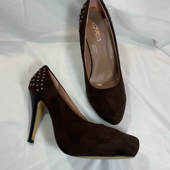 Novela Chocolate Brown Suede Stiletto Heels - Picture 2 of 13